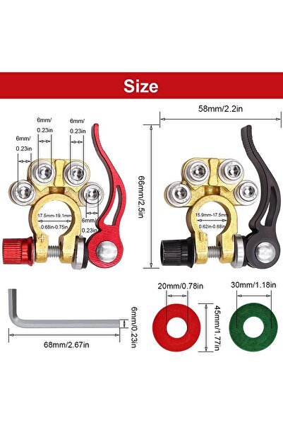 zola Set of 2 car terminals with 4 terminals and clamps, 6V/12V, 800A, 6.5x5.5 cm, red/black, plus and minus