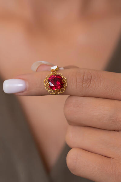 Bayar Gold 14 Ayar Altın Kırmızı Taşlı Telkari Kolye Ucu