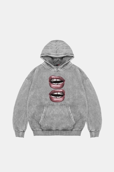 Sekizbiraltı Hanorac alb unisex oversized cu imprimeu V2 Lip Teeths, lavabil