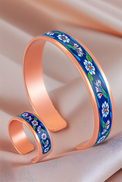 OSMANLI GÜMÜŞ Women's Copper Bracelet Ring Set - Sunflower Model Special Edition Metal Box and Quartz Stone
