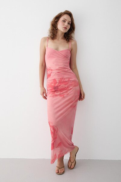 Laluvia Pink Side Draped Floral Patterned Dress
