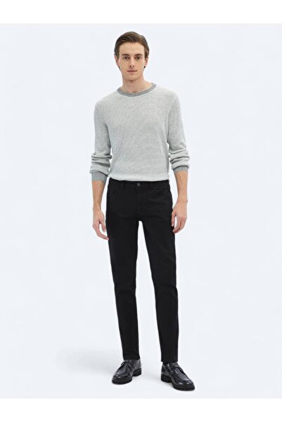 Kip Black Slim Fit Denim Cotton Blended Trousers