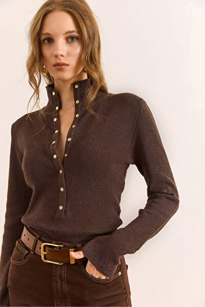 Olalook Pulover tricotat cu textura moale, cu guler vertical maro pentru femei KZK-19000998