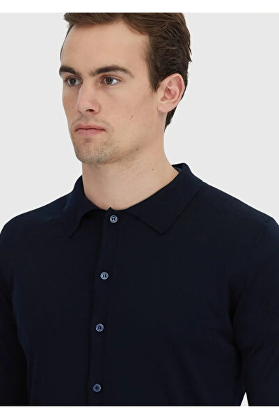 Ramsey Lacivert Polo Yaka Düz Örgü Yün Karışımlı Hırka