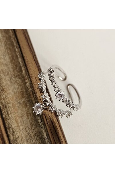 berckaccessories Pirinç Üzeri Gümüş Ton Ayarlanabilir Yüzük – Çift Sıra Pavé,...