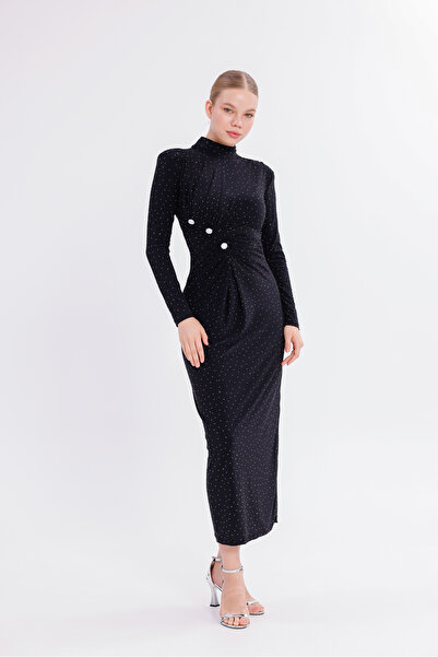 Moda Palmiss Γυναικείο βραδινό φόρεμα με μακρύ μανίκι από μαύρη πέτρα