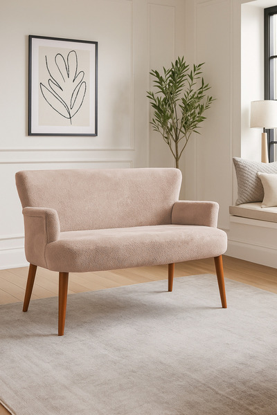 Azra Mobilya Roma Modern İkili Koltuk - Welsoft Yumuşak Kumaş - Ahşap Ceviz R...