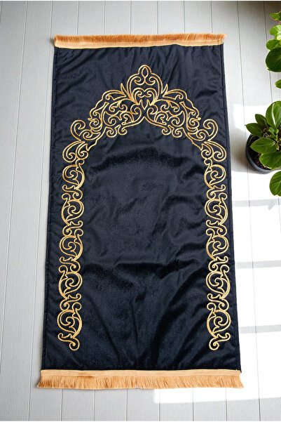 ihvanonline Gold Embroidered Velvet Prayer Rug Gift Dowry Prayer Mat Black