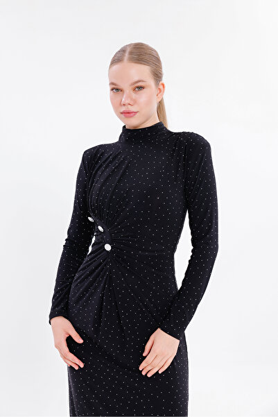 Moda Palmiss Γυναικείο βραδινό φόρεμα με μακρύ μανίκι από μαύρη πέτρα