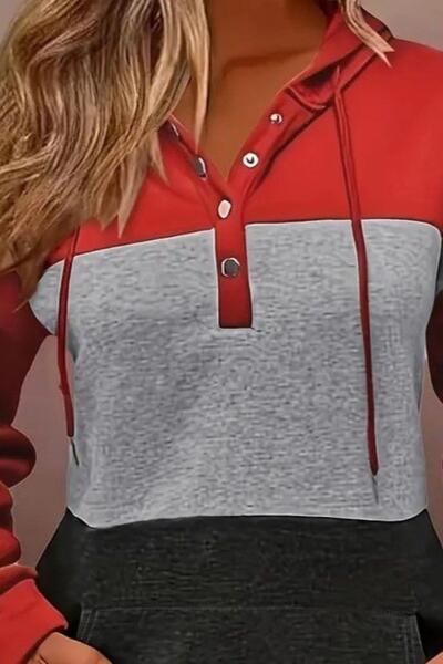 Mossta Button Detailed Hooded Two Thread Blouse - Red