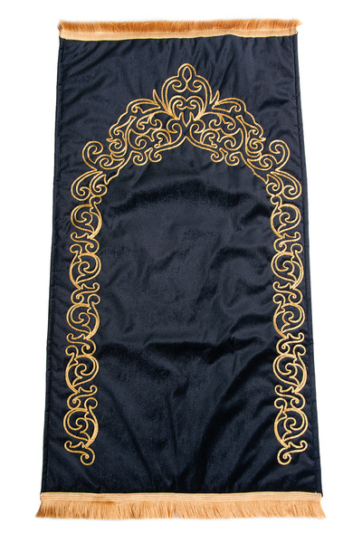 ihvanonline Gold Embroidered Velvet Prayer Rug Gift Dowry Prayer Mat Black
