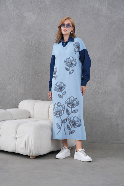 Miss Allos Kadın Kolları Kot Önü Boncuk İşlemeli Geniş Kalıp Uzun Triko Elbise