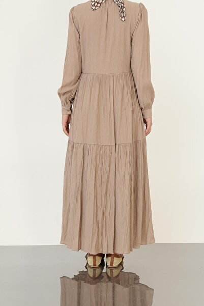 Puane Kadın Düğmeli Dokulu Maxi Elbise -12625ELB - Vizon