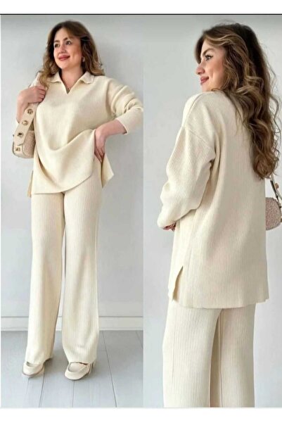 ONİPRETA Women's Ecru Shirt Collar Trendy Knitwear Bottom Top Set