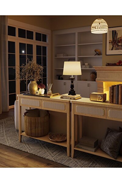 VASAGLE Hallway Console 100x30x80 cm, 2 drawers, open shelf, MDF and PVC rattan, oak beige
