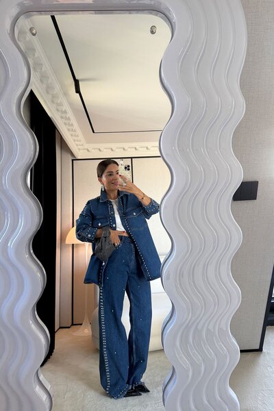 Özge Özgenç Staple Printed Denim Shirt Pants Set