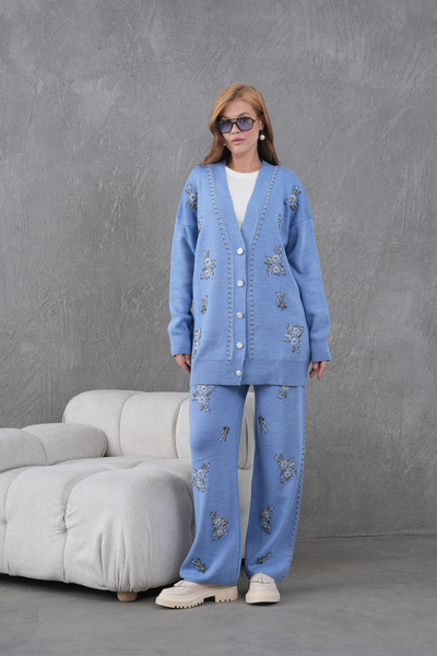 Miss Allos Women's Beaded Wide-Fit Knitwear Cardigan and Pants Bottom-Top Set