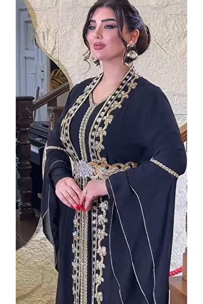 ZENABİYEM Zena Fashion Altı Elbise Üstü Abaya Boncuk İşlemeli Kemerli Kaftan