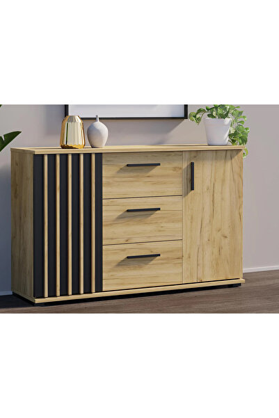 OEM Modern chest of drawers with 3 drawers and 2 doors, 140x38x80 cm, black craft finish