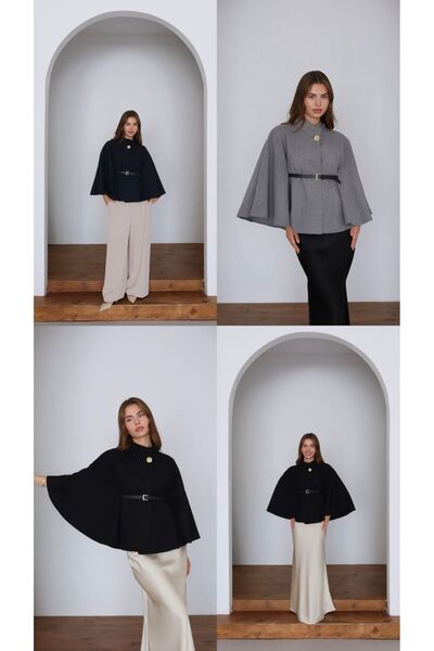 VOICTEC Gold Button Detailed Standard Size Belted Cashmere Poncho