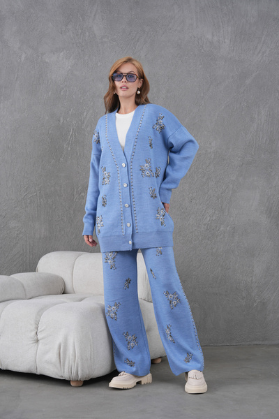 Miss Allos Women's Beaded Wide-Fit Knitwear Cardigan and Pants Bottom-Top Set