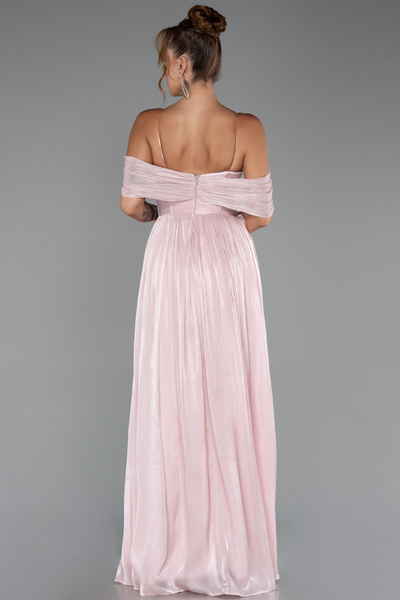 Abiyefon Pudra Kayık Yaka Ateş Pile Uzun Şifon Abiye ABU5283