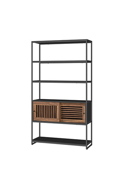 VASAGLE Bookcase with 5 shelves and cabinet, metal frame and walnut MDF finish, 100x35x180 cm, black