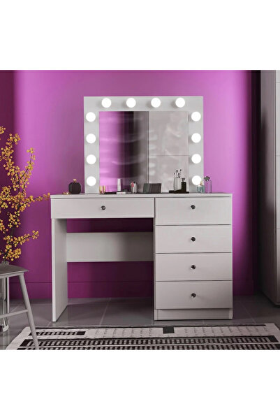 SERSIMO Cristal 12 LED dressing and makeup table with mirror and 5 drawers, 110x47x77 cm, white