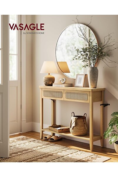 VASAGLE Hallway Console 100x30x80 cm, 2 drawers, open shelf, MDF and PVC rattan, oak beige