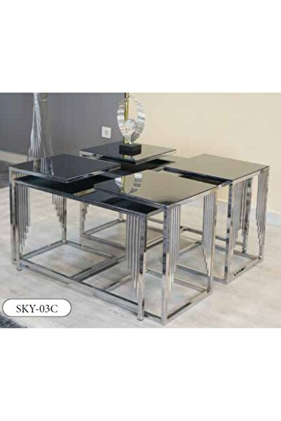 Yuvaset Home Mim Füme- Gümüş Sütun Kare 4+1 Pizza Orta Sehpa