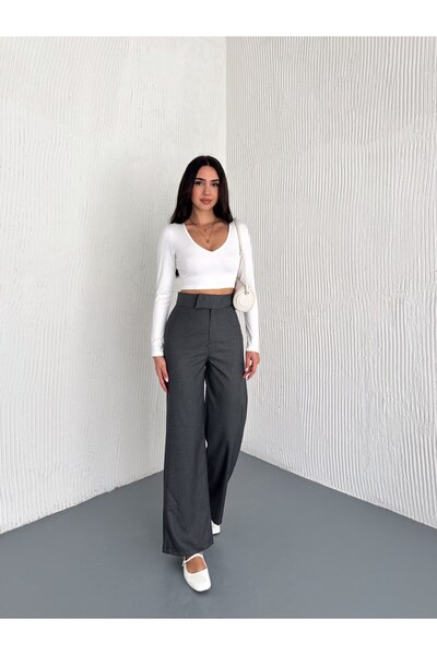 Gugus Women's Pocketless Woven Fabric Pants with Snap Buttons at the Waist, Loose Legs, Wide Leg Model