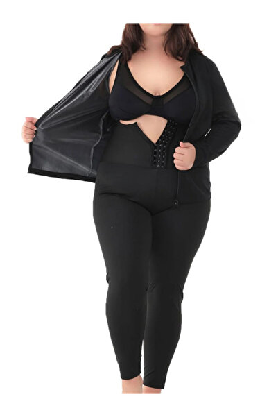 FİT1BEDEN بدلة ساونا حرارية بخصر مرتفع وأكمام طويلة مع سحاب