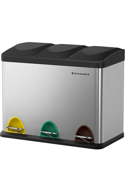 SONGMICS Cos de gunoi din inox cu 3 compartimente colectare selectiva, 3x15li...