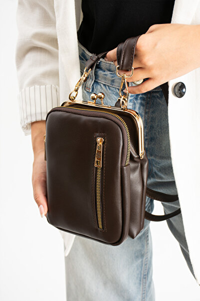 Sanmorris Women's Brown Crossbody Shoulder Bag with Adjustable Crossbody Strap and Gold Accessories