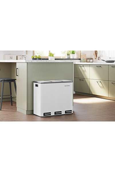 SONGMICS Stainless steel waste bin with 3 selective collection compartments, 3x18 liters, 62x32x56cm, white