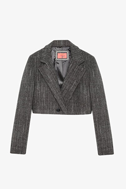 Quzu Double-Breasted Collar Cashmere Crop Blazer Jacket Anthracite