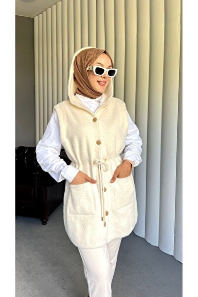 Molly Nelly Women's Feather Midi Length Hooded Hijab Vest Cardigan