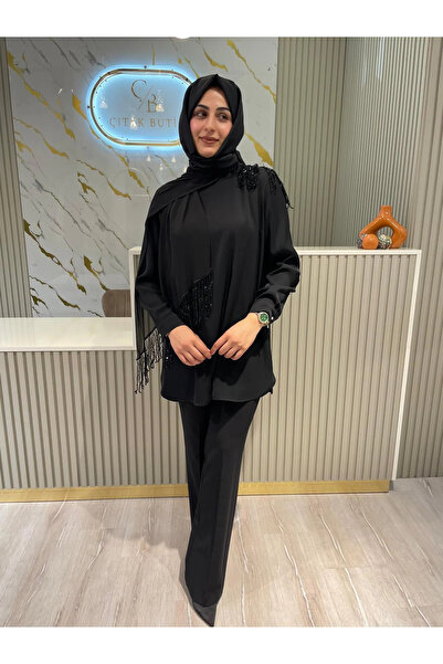 FUAT GÜRSEN FUAT GÜRŞEN 4302 ШАЛІ З КАМІННЯМИ ДЕТАЛЬ ТУНІКА-ЧОРНА