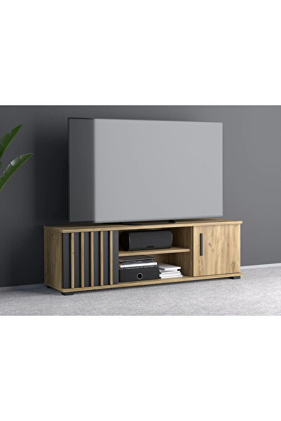 OEM Modern TV cabinet 140x37 cm with 2 doors and shelves, craft finish with black