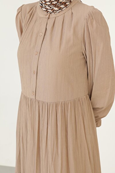 Puane Kadın Düğmeli Dokulu Maxi Elbise -12625ELB - Vizon