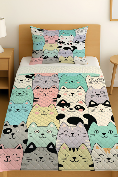 3D ELSE HALI Colorful Cats Patterned Single Pique Set Bedspread