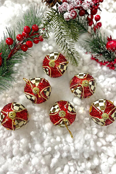 CANVELA 6 Pieces Premium Christmas Pine Tree Ornaments 6 cm Plaid Pattern Christmas Ball