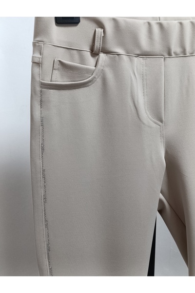 AKŞEN GİYİM Plus Size Punto Pants with Stones on the Sides, Lycra Tightening, Slimming, Narrow Leg, Ankle Length