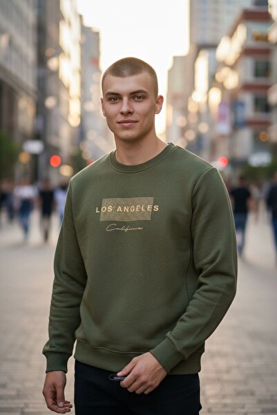 ERSUNO Unisex Los Angeles Baskılı Oversize Sweatshirt - Haki Yeşil Moda Basic