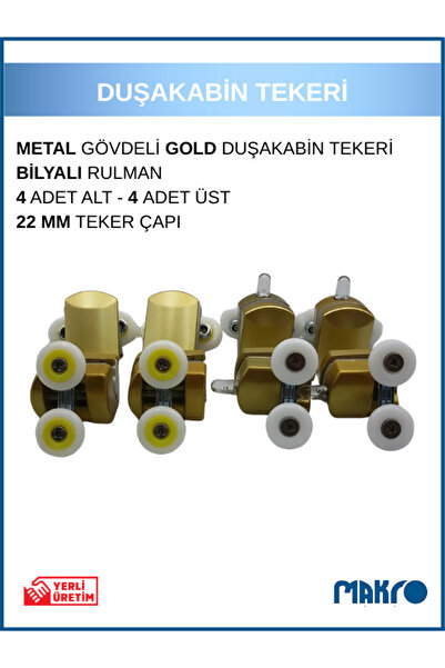 GLASSMAKRO Duşakabin Tekerleği 8'li Cam Kabin Tekeri Rulmanlı Gold Metal Gövd...