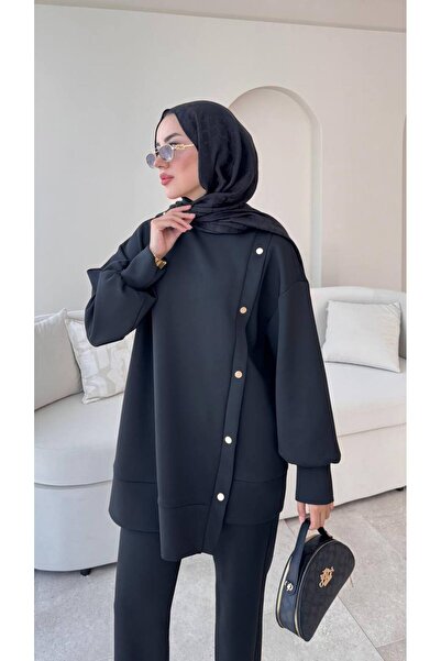 Molly Nelly Γυναικείο Μαύρο Κοστούμι Μαντίλι με Πλαϊνά Κουμπώματα Skuba