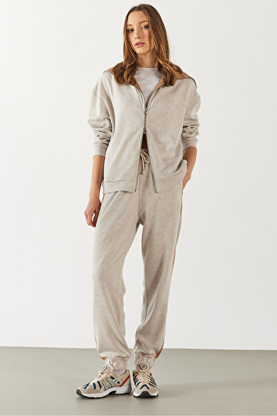 VENA Jogging Pants with Elasticated Cuffs and Contrast Inserts-Ekru Melanj