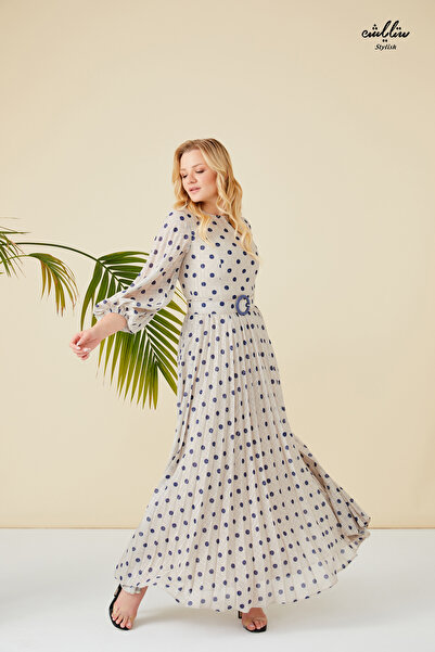 Stylish فستان طويل غاية في الأناقة تصميم بليسيه بيج منقط بأزرق وبياقة مرتفعة