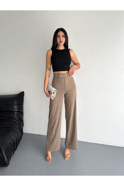 Gugus Women's Pocketless Woven Fabric Pants with Snap Buttons at the Waist, Loose Legs, Wide Leg Model