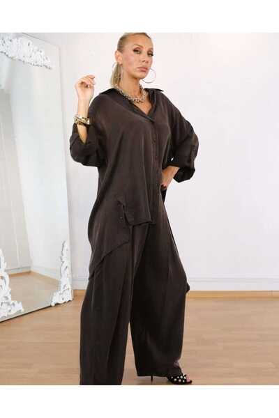 QUAWEAR Shirt with Side Slits at the Collar, Silk Kupra Fabric with Baggy Cut and Pocketed Pants, Two-Piece Set